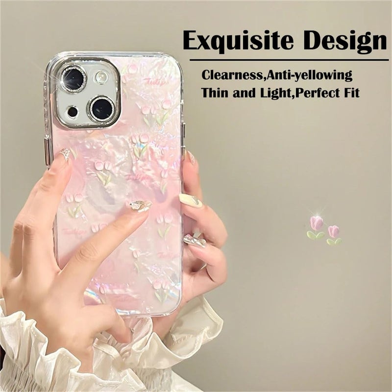 Mobistyle Designed for iPhone 14 | Camera Lens Protection |Tulip Flower Pattern Print Design TPU+PC for Women Teen Girls Phone Back Cover Case (Tulip Pink) - Image 3