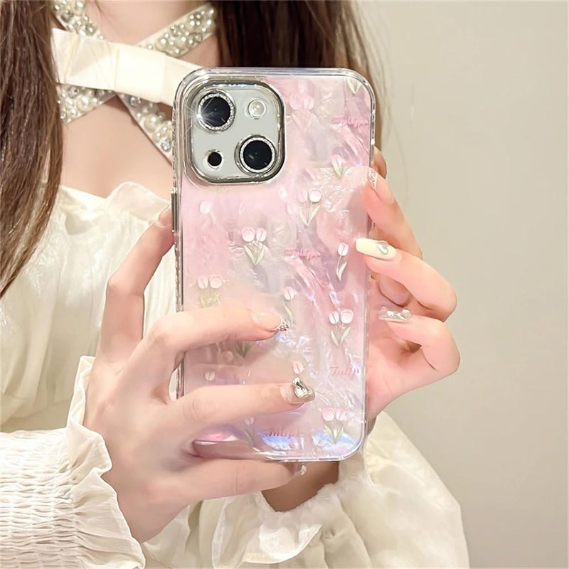 Mobistyle Designed for iPhone 14 | Camera Lens Protection |Tulip Flower Pattern Print Design TPU+PC for Women Teen Girls Phone Back Cover Case (Tulip Pink) - Image 2