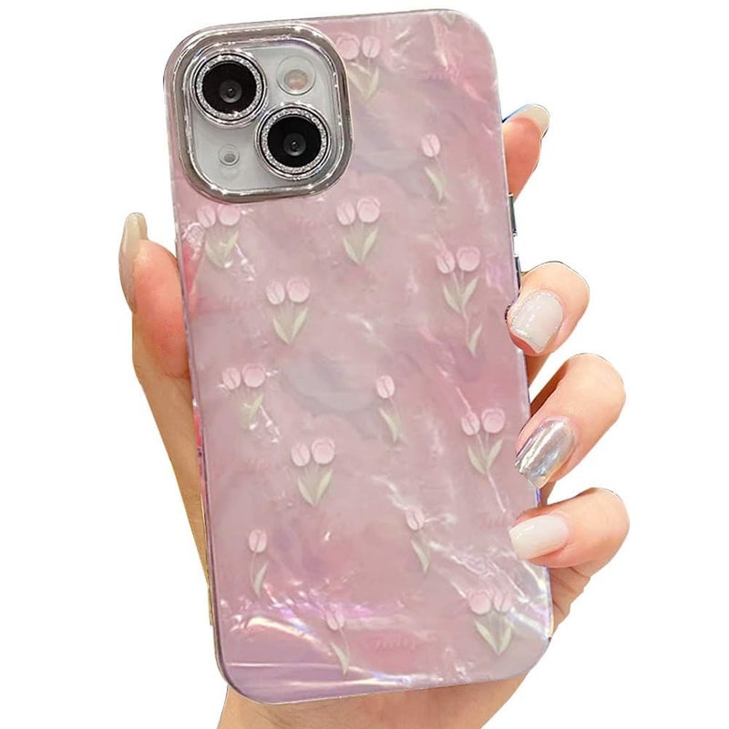 Mobistyle Designed for iPhone 14 | Camera Lens Protection |Tulip Flower Pattern Print Design TPU+PC for Women Teen Girls Phone Back Cover Case (Tulip Pink) - Image 1