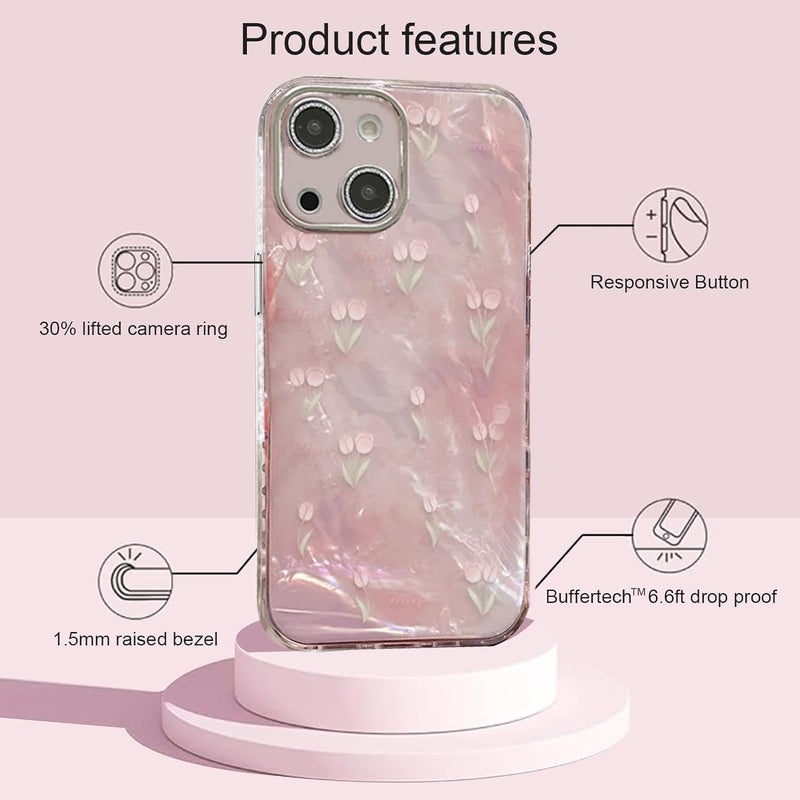 Mobistyle Designed for iPhone 14 | Camera Lens Protection |Tulip Flower Pattern Print Design TPU+PC for Women Teen Girls Phone Back Cover Case (Tulip Pink) - Image 5