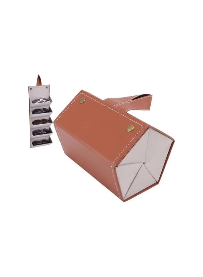 Sunglasses Folding Travel Cover Glasses Case 5Slot Storage Box -Brown - Image 1