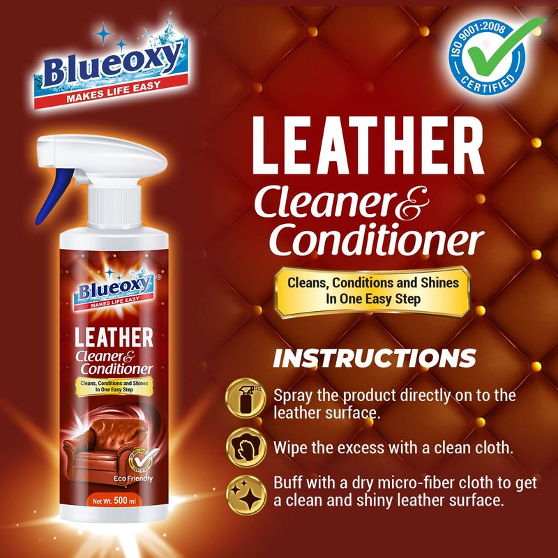 BLUEOXY Leather Cleaner and Conditioner | Leather Cleanser | Ideal for Leather Furniture, Auto Interiors & More | Car Interior Detailing | Ecological Formulation | 500 ML Spray | QTY 1 - Image 3