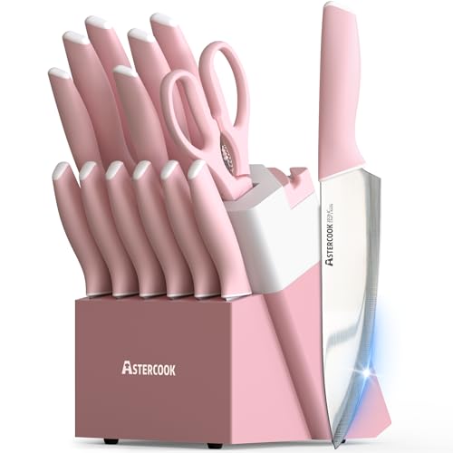 Astercook Knife Set, Kitchen Knives Set with Block and Sharpener 15 Pcs German Stainless Steel Knives Sharp Blade Dishwasher Safe Deba Knives with Ergonomic Handle, Crystal Pink - Image 1