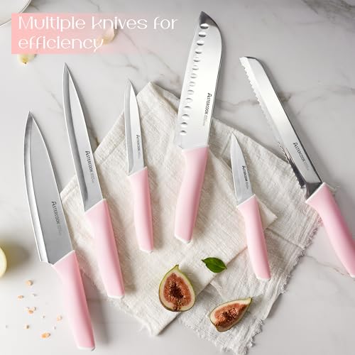 Astercook Knife Set, Kitchen Knives Set with Block and Sharpener 15 Pcs German Stainless Steel Knives Sharp Blade Dishwasher Safe Deba Knives with Ergonomic Handle, Crystal Pink - Image 4