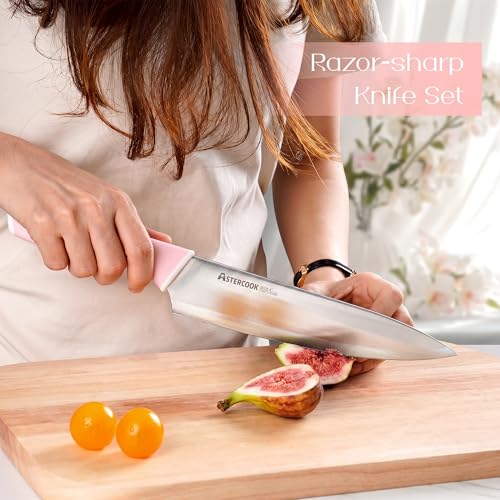 Astercook Knife Set, Kitchen Knives Set with Block and Sharpener 15 Pcs German Stainless Steel Knives Sharp Blade Dishwasher Safe Deba Knives with Ergonomic Handle, Crystal Pink - Image 2