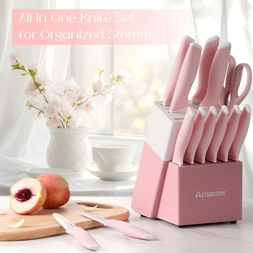 Astercook Knife Set, Kitchen Knives Set with Block and Sharpener 15 Pcs German Stainless Steel Knives Sharp Blade Dishwasher Safe Deba Knives with Ergonomic Handle, Crystal Pink - Image 3