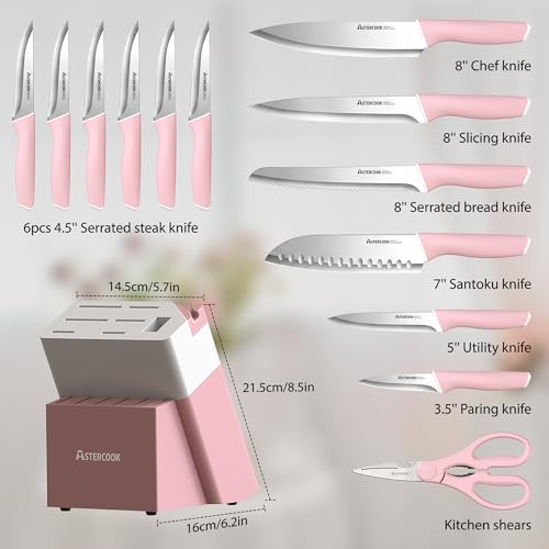 Astercook Knife Set, Kitchen Knives Set with Block and Sharpener 15 Pcs German Stainless Steel Knives Sharp Blade Dishwasher Safe Deba Knives with Ergonomic Handle, Crystal Pink - Image 5
