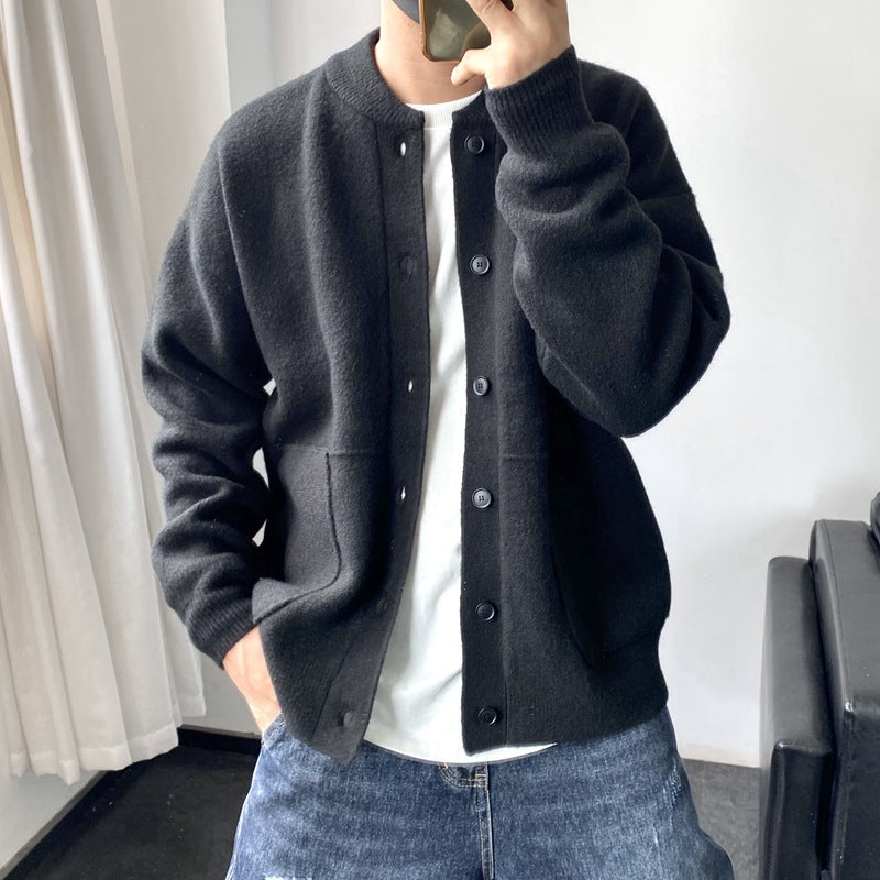 Mens Japanese Wool Cardigan Knit Sweater Black