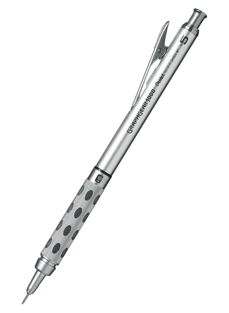 Pentel قلم رسم ميكانيكي GraphGear 1000 0.5 مم | مشبك معدني مع آلية قابلة للسحب | قبضة مزدوجة معدنية ومطاطية | عبوة من 1 | فضي وأسود (PG1015) - Image 1