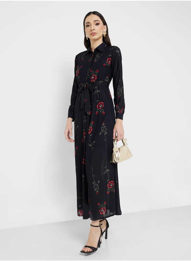 ELLA Floral Print Self Tie Shirt Maxi Dress