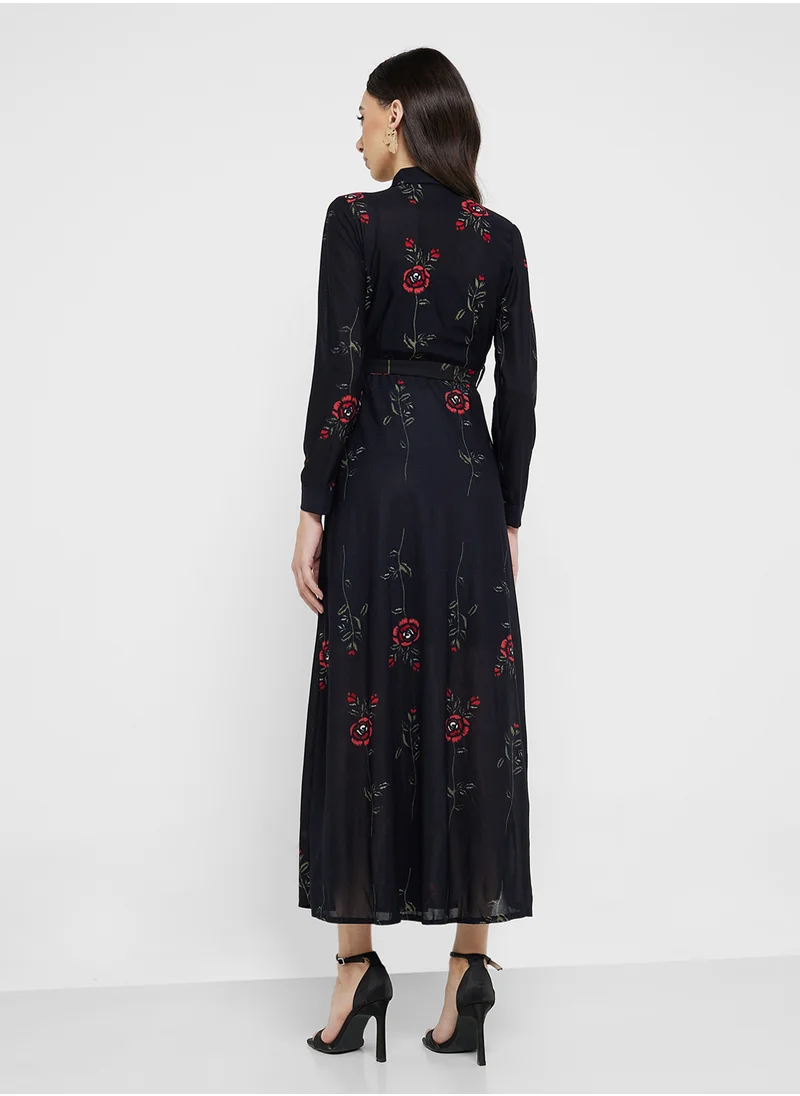 ELLA Floral Print Self Tie Shirt Maxi Dress