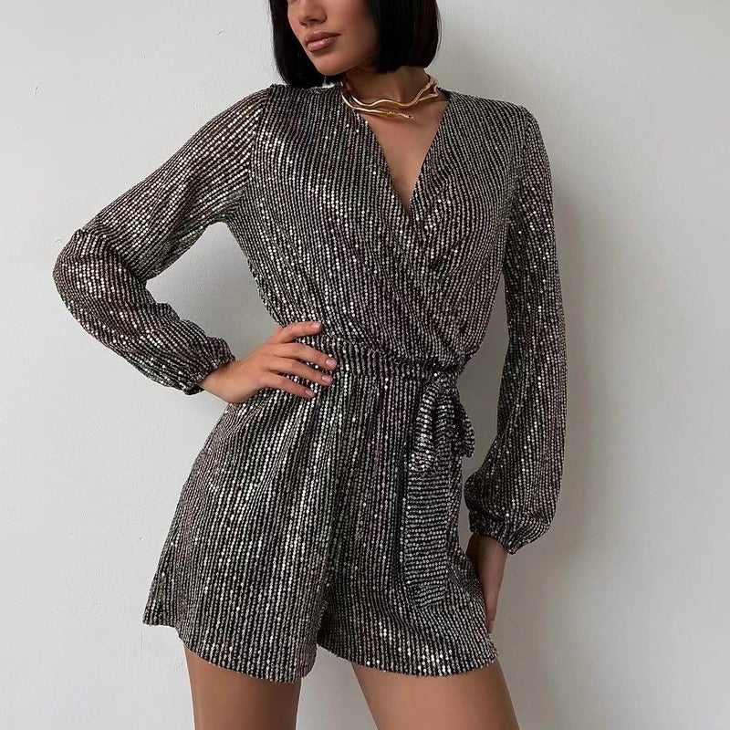 2024 Sequin Long Sleeve Party Dress Romper Black Silver 