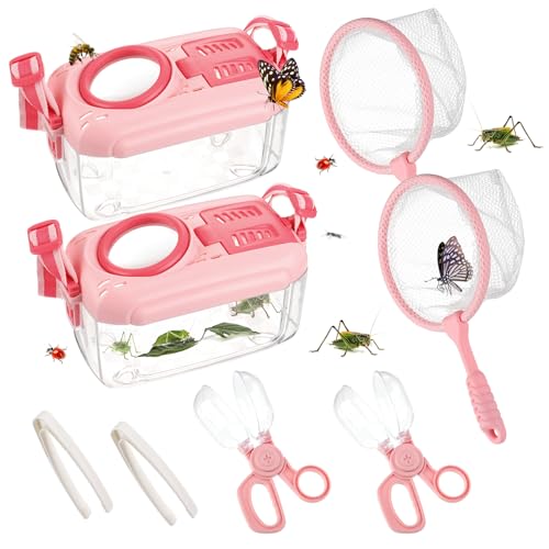 Biubee 2Sets Bug Catcher for Kids Sturdy Kids Bug Catching Kit Gifts with Collector Butterfly Net Tweezer Bugs Habitat Outdoor Explorer Kit for Age 3 4 5 6 7 8 8Pcs Pink - Image 1