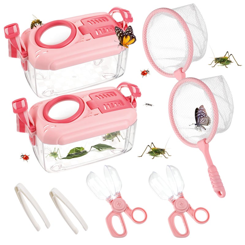 Biubee 2Sets Bug Catcher for Kids Sturdy Kids Bug Catching Kit Gifts with Collector Butterfly Net Tweezer Bugs Habitat Outdoor Explorer Kit for Age 3 4 5 6 7 8 8Pcs Pink - Image 3