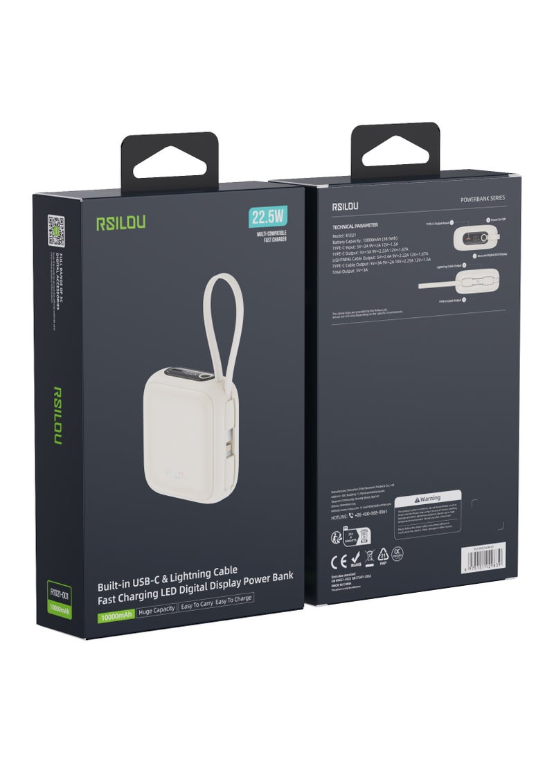 rsilou 10000mAh Capacity Power Bank,PD, Built-in Type-C and Lightning Cables, 22.5W Fast Charging Per Port, 38.5 Total Max Output Power, Multi-Device Compatibility, Digital Display