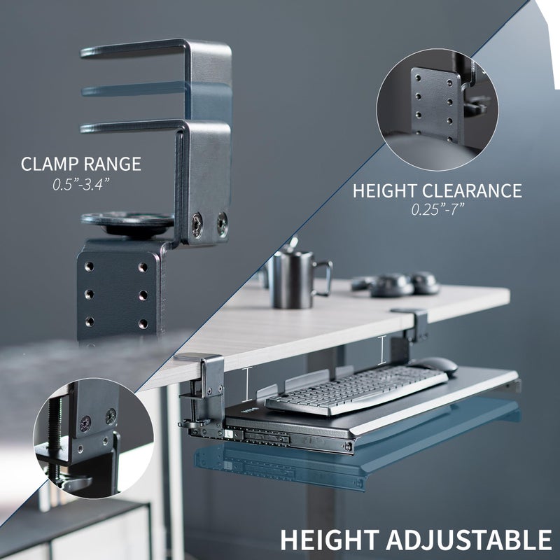vivo VIVO Large Height Adjustable Under Desk Keyboard Tray, C-clamp Mount System, 27 (33 Including Clamps) x 11 inch Slide-Out Platform Computer Drawer for Typing, Black, MOUNT-KB05HB  - Image 2