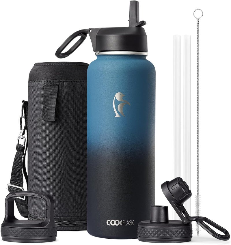 Coolflask 1.2 L Insulated Water Bottle with Straw&3 Lids, Stainless Steel Metal flask Wide Mouth for Sports or Office, BPA-Free Keep Cold Up to 48 Hrs or Hot Up to 24 Hrs, Samurai Cyan - Image 1