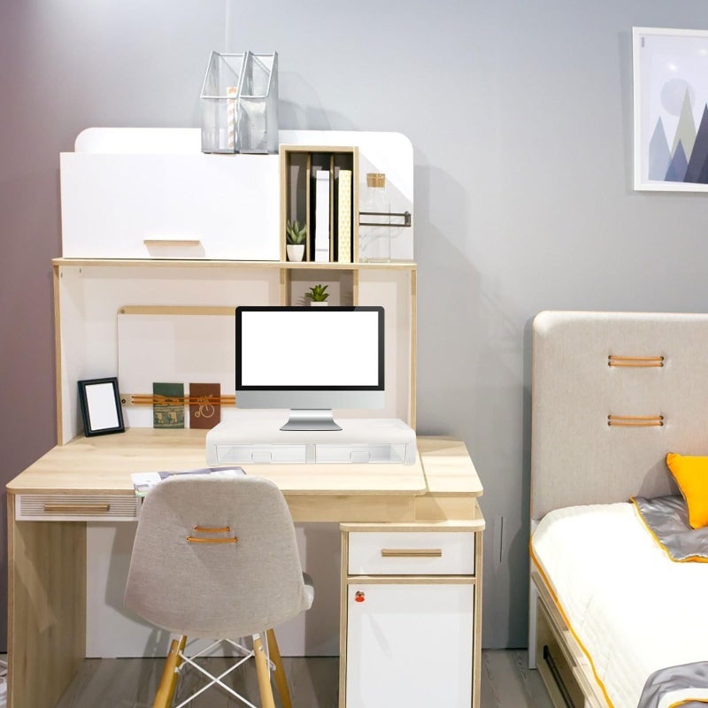White Plastic Monitor Riser with Drawer Desktop Storage Stand for Office Desk Organization - Image 4