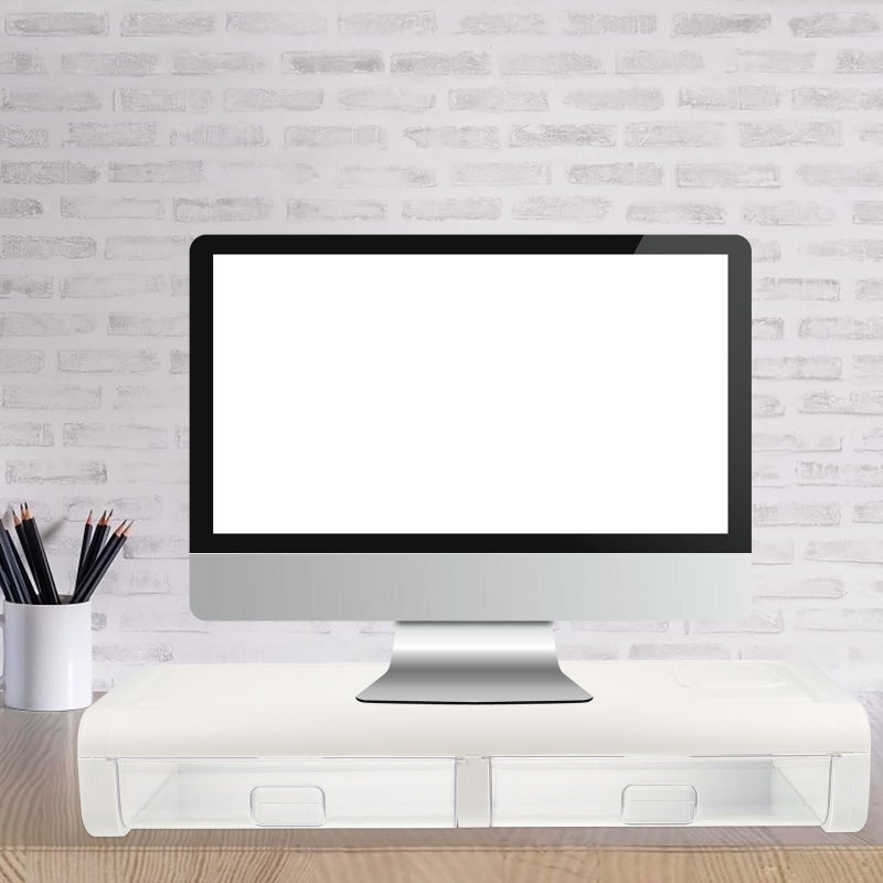 White Plastic Monitor Riser with Drawer Desktop Storage Stand for Office Desk Organization - Image 5