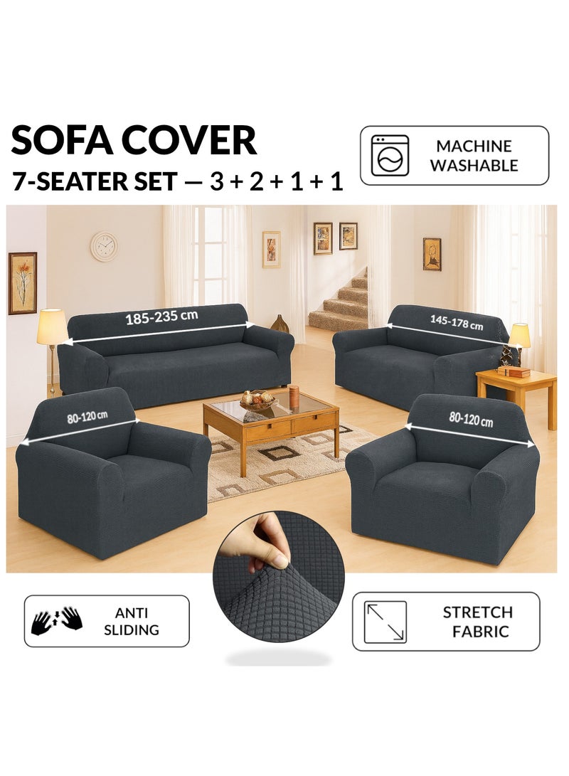 Fabienne Stretch Fit 7 Seater Sofa Cover Set 3211 Combination Soft Brushed Fabric Couch Cover Exquisitely Full Coverage Furniture Protector Slipcover Seven Seater Fits on Standard and Recliner Sofa Grey - Image 1