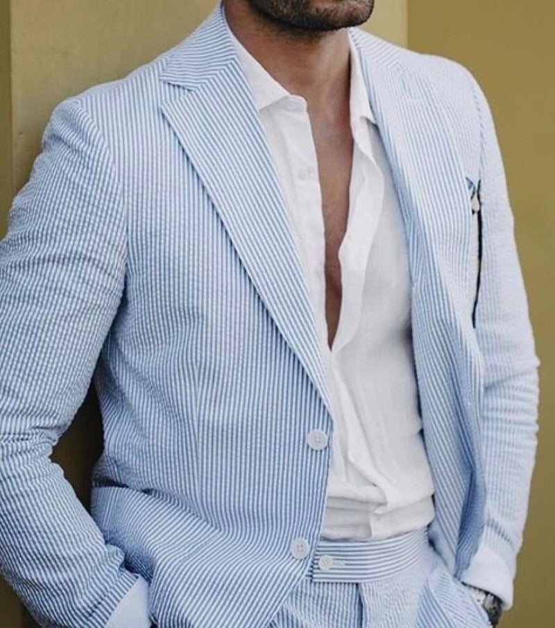 PopEle Leisure Mens Blue Striped Seersucker Slim Fit Suit Grooms Lightweight Sear Sucker Tuxedo Set - Image 3