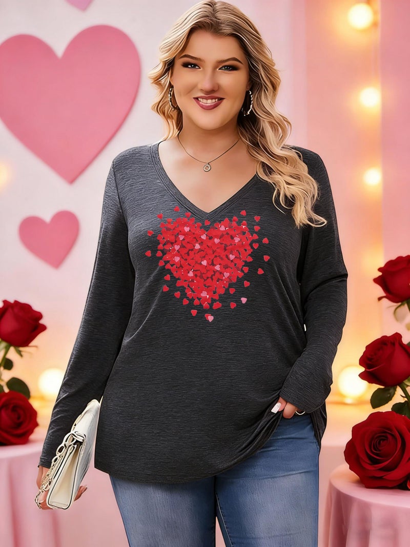 YALUCOR Plus Size Women Valentine Shirts Love Heart Graphic Long Sleeve Tshirt Casual Valentines Day Gift V Neck Tops - Image 3