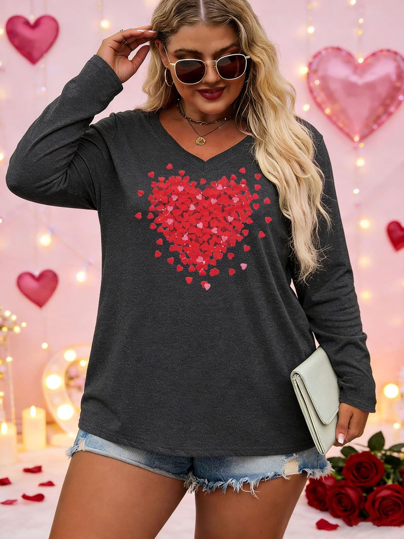 YALUCOR Plus Size Women Valentine Shirts Love Heart Graphic Long Sleeve Tshirt Casual Valentines Day Gift V Neck Tops - Image 2