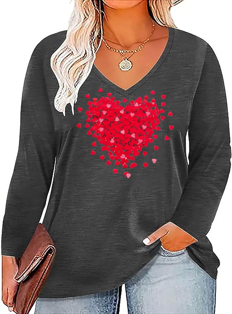 YALUCOR Plus Size Women Valentine Shirts Love Heart Graphic Long Sleeve Tshirt Casual Valentines Day Gift V Neck Tops - Image 1