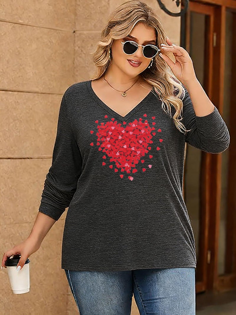 YALUCOR Plus Size Women Valentine Shirts Love Heart Graphic Long Sleeve Tshirt Casual Valentines Day Gift V Neck Tops - Image 4