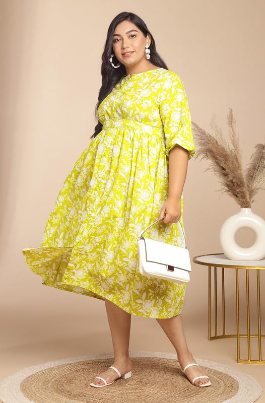Janasya Women's Plus Size Lime Cotton Floral Gathered Dress(XLA24DR00175-6XL) - Image 5
