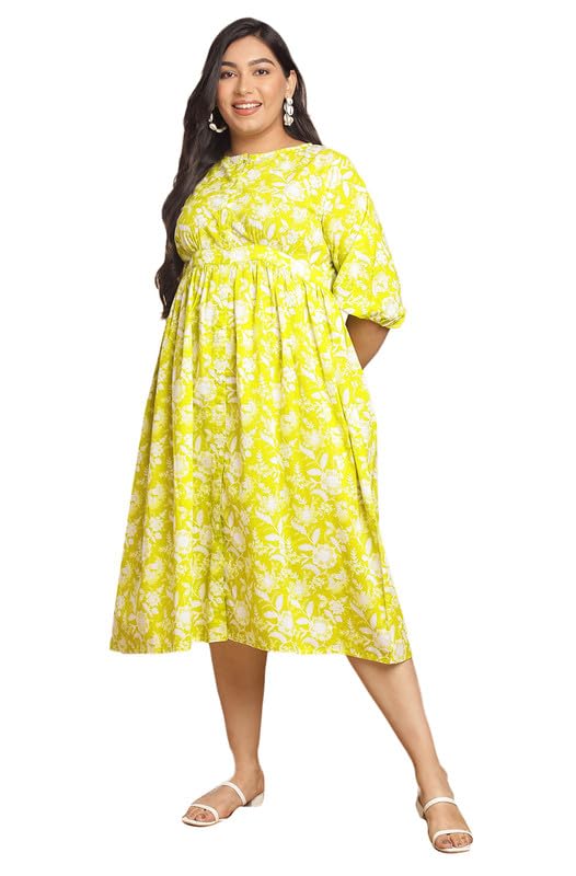 Janasya Women's Plus Size Lime Cotton Floral Gathered Dress(XLA24DR00175-6XL) - Image 1