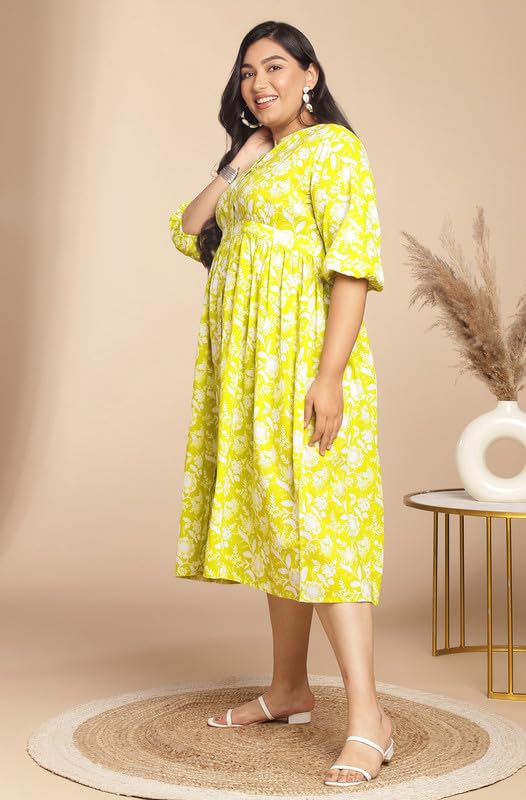 Janasya Women's Plus Size Lime Cotton Floral Gathered Dress(XLA24DR00175-6XL) - Image 4