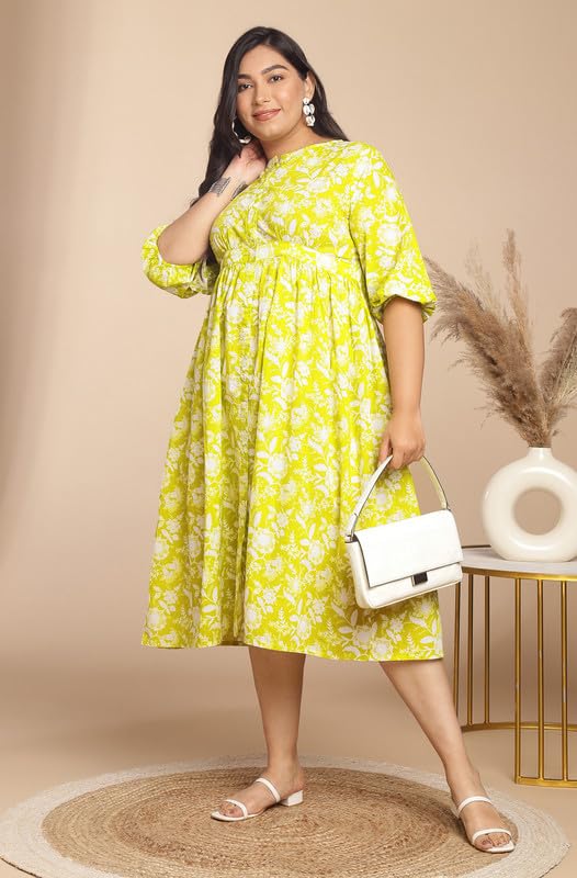 Janasya Women's Plus Size Lime Cotton Floral Gathered Dress(XLA24DR00175-6XL) - Image 3