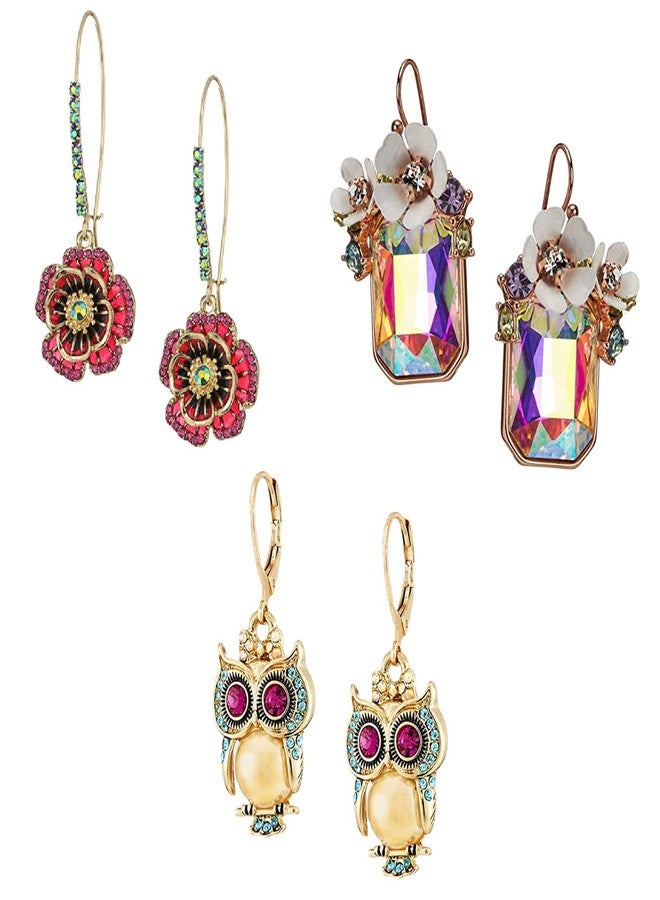 Kasmena 3 Pairs Gold Flower Drop Dangle Earrings Set for Women,Small Flower Earrings Flower Cluster Stone Owl Earrings Jewelry Gift for Women Mom Gifts - Image 1