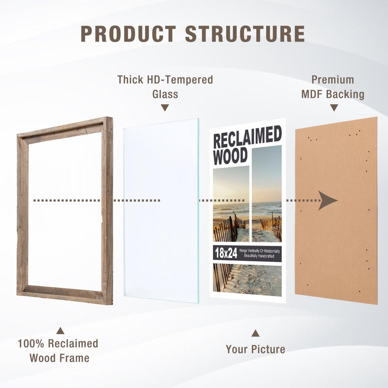 FLYJOE Rustic 11x14 Picture Frame, Reclaimed Barnwood Photo Frame with HD Tempered Glass, Distressed Family Art Gallery Corner, Horizontal and Vertical Wall Mounting Display with Hardware, Set of 1 - Image 3