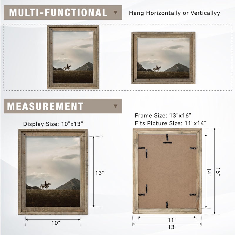 FLYJOE Rustic 11x14 Picture Frame, Reclaimed Barnwood Photo Frame with HD Tempered Glass, Distressed Family Art Gallery Corner, Horizontal and Vertical Wall Mounting Display with Hardware, Set of 1 - Image 4