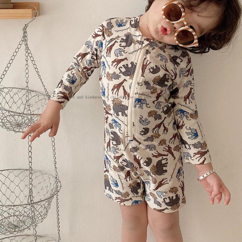 Generic Boys Swimsuit Summer Kidsrens Long-Sleeved Swimsuit Summer Boy Summer New Beach Wear Baby One-Piece Swimsuit Animal paradise free hat