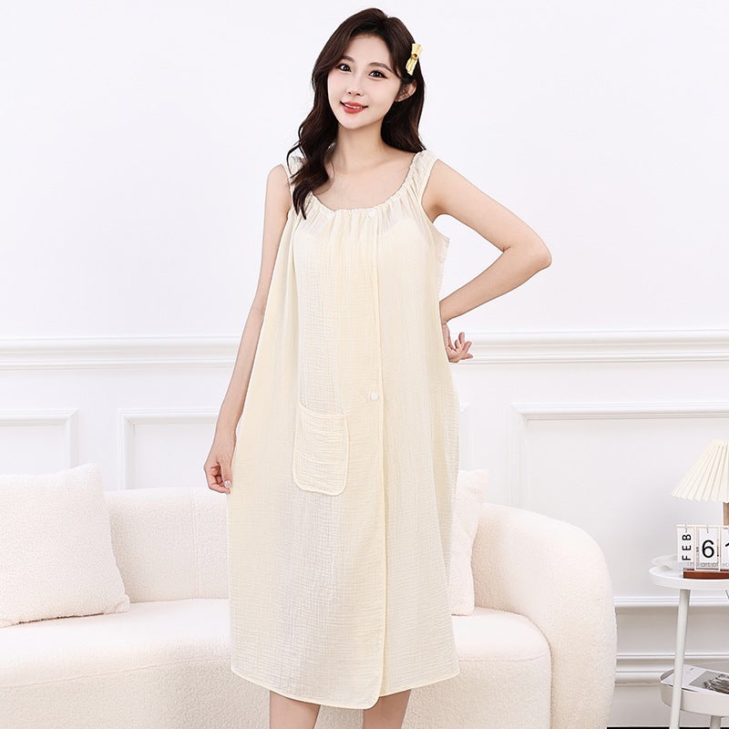 Bathrobe, Bath Skirt, Pure Cotton Gauze Bath Towel, Wearable Bath Towel, Women''s Pajamas, Nightgown, Absorbent Bath Robe, Suspenders, Extended Length - Image 1