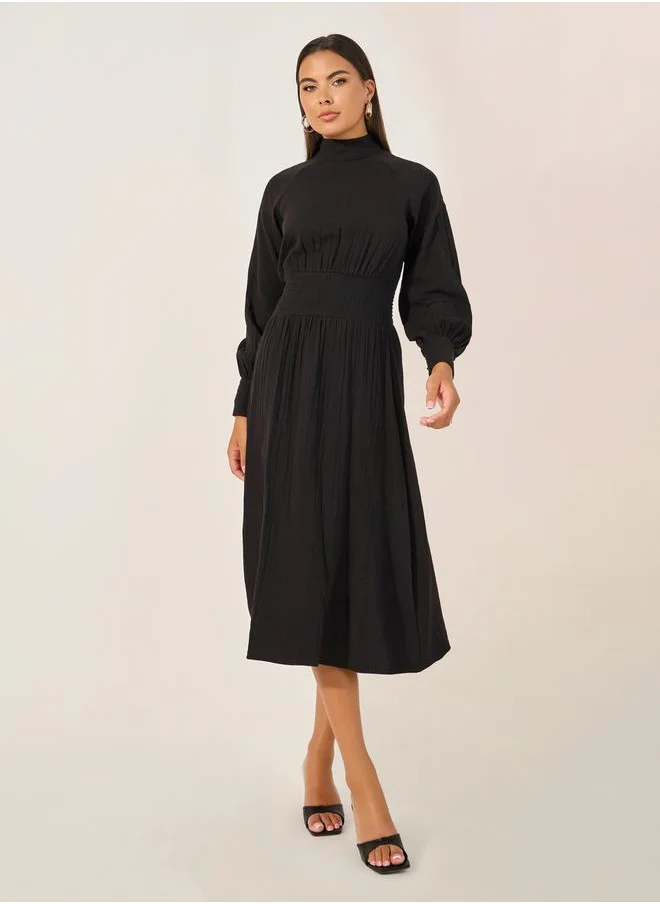 ستايلي Plain Smocked Waist A-Line Midi Dress