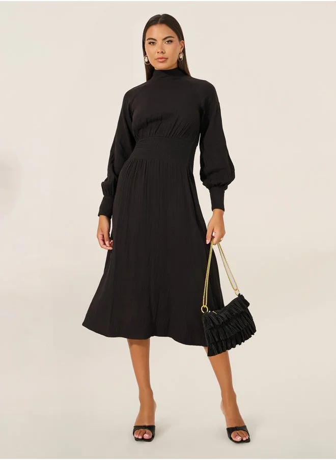 ستايلي Plain Smocked Waist A-Line Midi Dress