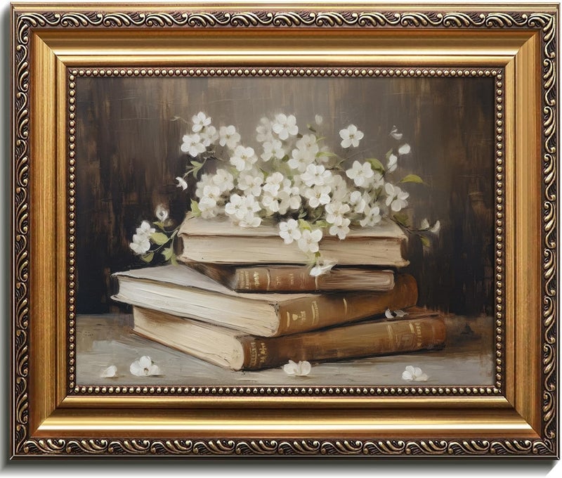 Kizbok Gold Framed Wall Art for Home Decor, Vintage Books and Flowers Canvas Prints Painting, Antique Vintage Floral Wall Decor for Light Academia Cottage Room Decor, Aesthetic Bedroom Framed Art Picture for Living Room Bathroom Gallery Shelf Decoration - 9x12inch - Image 1
