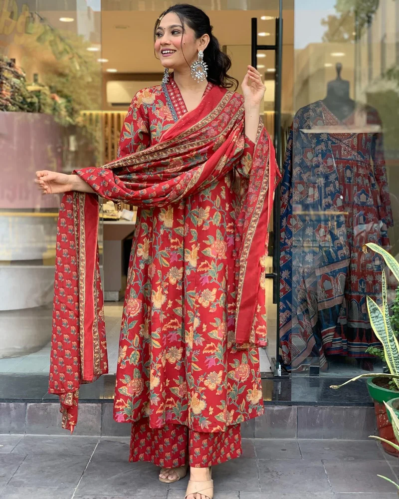 GoSriKi  GoSriKi Women's Rayon Blend Anarkali Printed Kurta with Palazzo & Dupatta (CIA RED-VKS01-GS_L_Red_Large) for Women | Best Price UAE