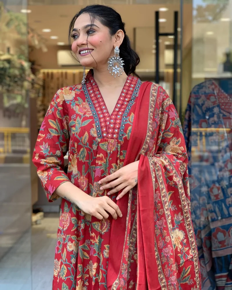 GoSriKi  GoSriKi Women's Rayon Blend Anarkali Printed Kurta with Palazzo & Dupatta (CIA RED-VKS01-GS_L_Red_Large) for Women | Best Price UAE