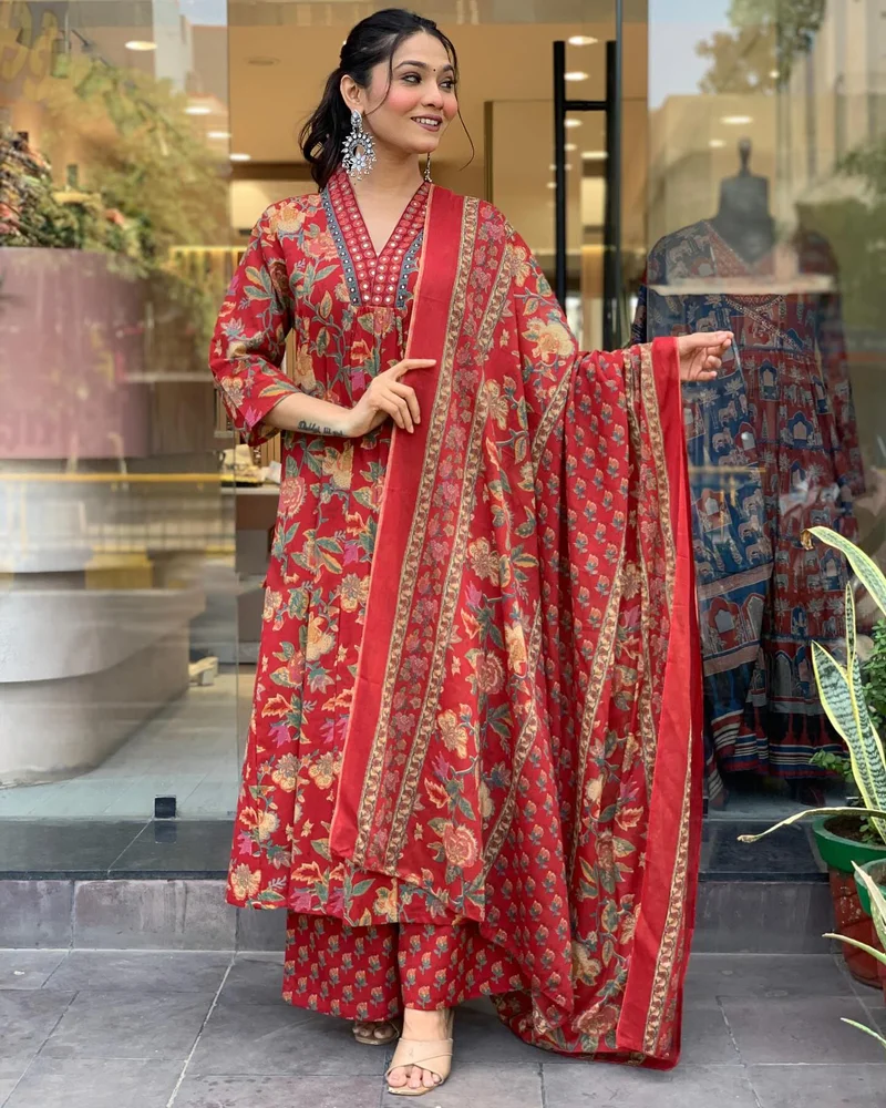 GoSriKi  GoSriKi Women's Rayon Blend Anarkali Printed Kurta with Palazzo & Dupatta (CIA RED-VKS01-GS_L_Red_Large) for Women | Best Price UAE