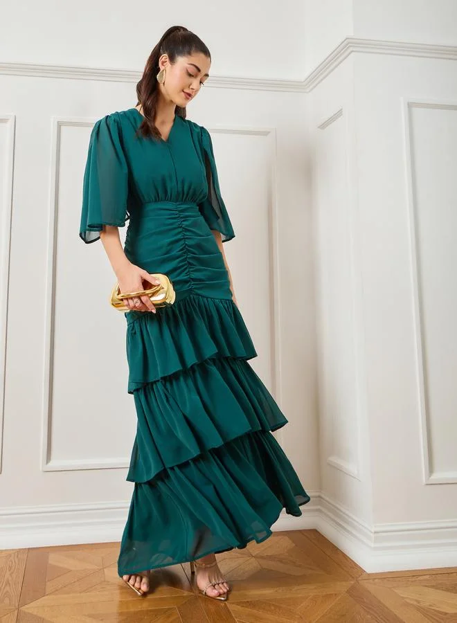 Styli Women Green Ruched Tiered Maxi Dress