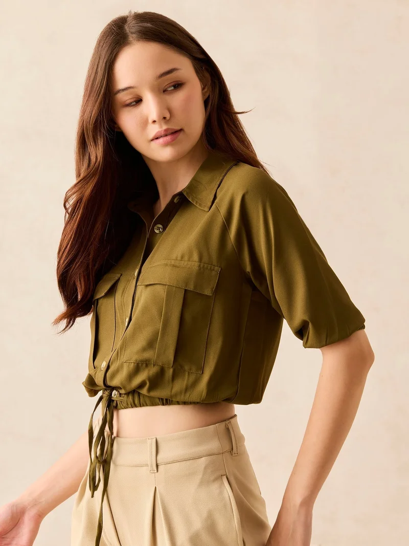 Outzidr  Olive Cropped Utility Shirt for Women | Best Price UAE