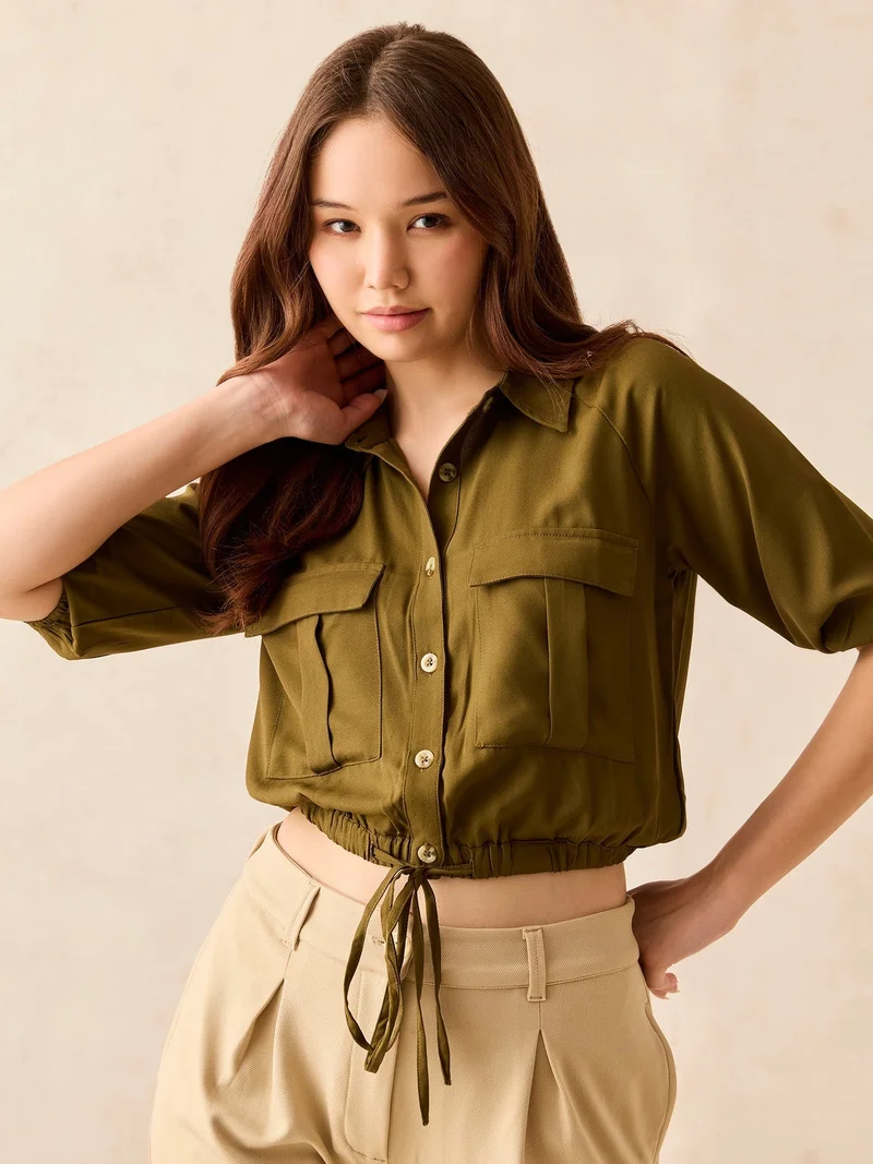 Outzidr  Olive Cropped Utility Shirt for Women | Best Price UAE
