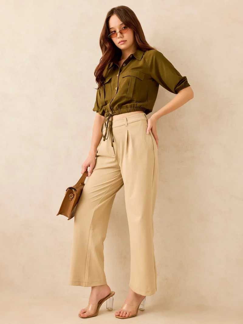 Outzidr  Olive Cropped Utility Shirt for Women | Best Price UAE