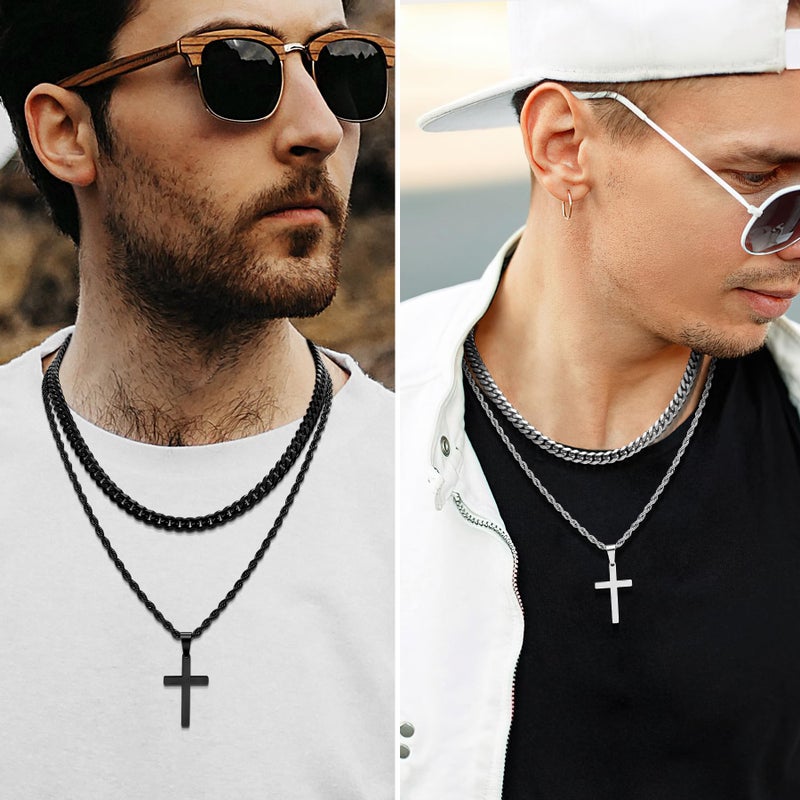 Romass 4Pcs Cross Necklace for Men,Stainless Steel Chains for Men Layered Necklaces Silver Gold Black Pendant Jewelry Box Gifts 18-24 Inches (4Pcs 20in/22in, Silver+Black) - Image 2