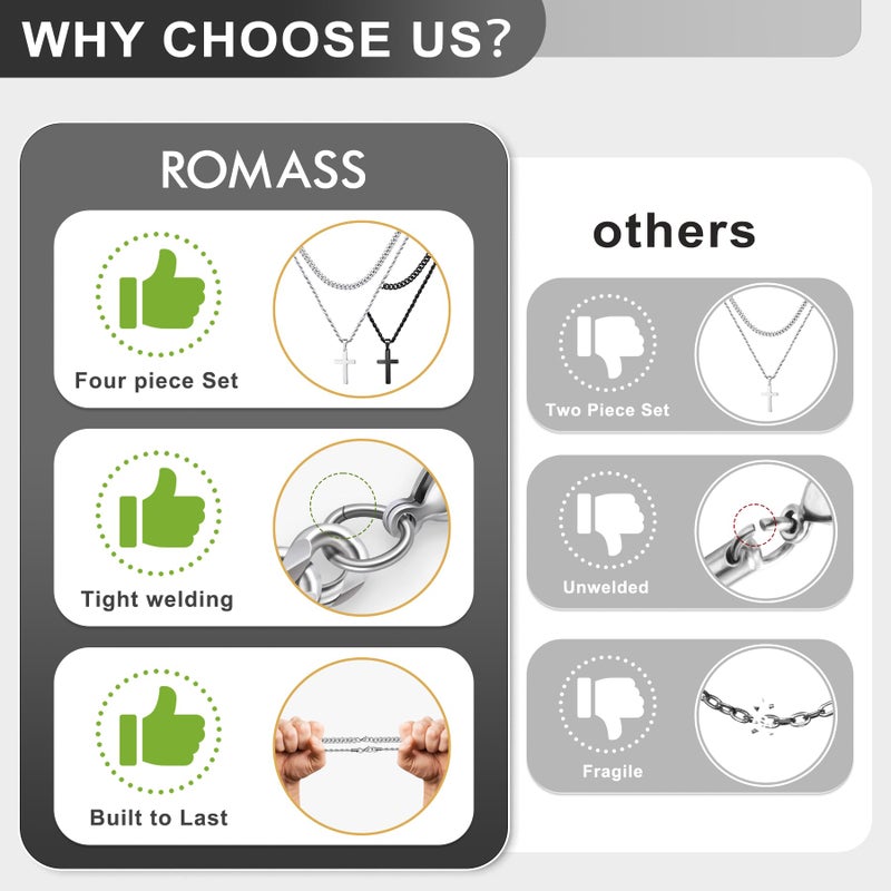 Romass 4Pcs Cross Necklace for Men,Stainless Steel Chains for Men Layered Necklaces Silver Gold Black Pendant Jewelry Box Gifts 18-24 Inches (4Pcs 20in/22in, Silver+Black) - Image 4